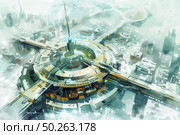 A circular, modern facility stands at the heart of a snow-blanketed futuristic city, surrounded by high-rise buildings and a network of roads. Стоковое AI-изображение, AI-художник Данила Большаков / Фотобанк Лори