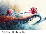 A vivid artistic representation of vibrant viral particles merging over a backdrop of piano keys, symbolizing a fusion of science and music. Стоковое AI-изображение, AI-художник Данила Большаков / Фотобанк Лори