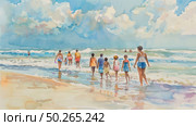 A painting depicting a group of individuals strolling along the sandy shore of a beach by the ocean. Стоковое AI-изображение, AI-художник Данила Большаков / Фотобанк Лори