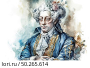 Watercolor portrait of an elderly man in luxurious 18th century attire. He is dressed in a blue waistcoat with gold patterns, a white lace jabot and has a characteristic high powdered hairstyle decorated with flowers. The facial expression is concentrated, with a hint of arrogance and fatigue. The style of the image is reminiscent of historical portraits of the Baroque or Rococo era. The background is done in a soft watercolor manner with blurry pastel shades. Стоковое AI-изображение, AI-художник Анна Кривицкая / Фотобанк Лори