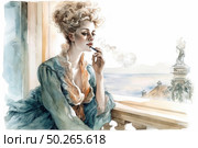 A watercolour illustration of an elegant woman in a period dress with lush curls, sitting on a balcony and thoughtfully smoking. She is dressed in a vintage lace dress, and in the background there is a view of the seascape and classical architectural elements - perhaps an embankment or a palace terrace. From her mouth rises a graceful puff of smoke, giving the scene an atmosphere of melancholy, reflection and refined decadence. An ideal image for the themes of "historical aesthetics", "nostalgia", "female image in art", "aristocratism". watercolor. Стоковое AI-изображение, AI-художник Анна Кривицкая / Фотобанк Лори