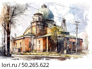 The watercolor illustration depicts an old industrial building with a domed roof, built in an architectural style reminiscent of the Soviet era. The building appears abandoned and dilapidated, with peeling plaster, metal structures, and a grid of wires crisscrossing the sky. In the foreground are trees, a sidewalk, and a road sign. The atmosphere of the scene conveys a mood of abandonment, time, and decay, evoking an interest in industrial aesthetics and urban environments. Стоковое AI-изображение, AI-художник Анна Кривицкая / Фотобанк Лори
