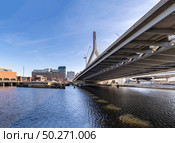 Boston Zakim bridge over Charles river around Boston bay harbor at Boston downtown MA USA. Boston is the capital and most populous cityof the Commonwealth of Massachusetts in the United States. Стоковое фото, агентство Ingram Publishing / Фотобанк Лори