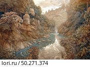 A detailed fantasy illustration of a picturesque landscape: a winding river flows through a dense forest covering high hills and cliffs. On the slopes among the trees you can see magical buildings with domes and towers, like hidden monasteries or temples, drowning in foliage. The drawing is made in a stylized technique with ornamental lines and a soft natural palette - shades of beige, green, brown and gold. The atmosphere is fabulous, peaceful and meditative. Suitable for book covers, interiors, decorative panels and fantasy projects. Стоковое AI-изображение, AI-художник Анна Кривицкая / Фотобанк Лори