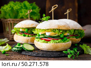 Hamburger with homemade ciabatta bun bread, boiled egg, radish, cucumber, lettuce salad and puree of fresh green peas. Стоковое фото, агентство Ingram Publishing / Фотобанк Лори
