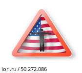 Forbbiden sign with black man’s figure on the American flag on a white background. Restriction of entry into the USA. Quarantine concept. 3D illustration. Warning sign with black man’s figure on the American flag. Стоковое фото, агентство Ingram Publishing / Фотобанк Лори