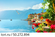 Historic city of Perast at Bay of Kotor in spring, Montenegro. Spring in Perast. Стоковое фото, агентство Ingram Publishing / Фотобанк Лори