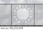 Virus freedom and lockdown escape concept as a chain link fence with a hole shaped as a contagious viral cell as a reopening after a pandemic outbreak or escape quarantine from disease as a 3D render. Стоковое фото, агентство Ingram Publishing / Фотобанк Лори