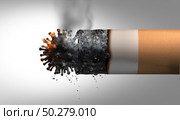 Smoking and coronavirus health problem as a cigarette shaped as a virus cell as influenza or covid-19 representing respiratory disease or breathing illnesses due to tobacco smoke as a 3D illustration. Стоковое фото, агентство Ingram Publishing / Фотобанк Лори
