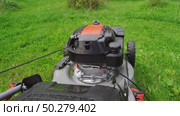 Woman with a lawn mower mowing a garden plot. Стоковое видео, видеограф Igor Skripachev / Фотобанк Лори