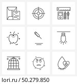 Modern Style Set of 9 line Pictograph Grid based medical, fruit, target, food, pen Vector Illustration. Стоковая иллюстрация, агентство Ingram Publishing / Фотобанк Лори