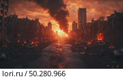 Destruction and Chaos at Sunset in an Abandoned Urban Landscape After a Major Event. Стоковое AI-видео, аниматор Юлия Гапеенко / Фотобанк Лори