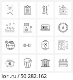 16 Interface Line Icon Set of modern symbols on matches, camping, wrench, baits, invest Vector Illustration. Стоковая иллюстрация, агентство Ingram Publishing / Фотобанк Лори