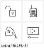 Modern Vector Line Illustration of 4 Simple Line Icons of protect, Santa clause, camping, radio set, player Vector Illustration. Стоковая иллюстрация, агентство Ingram Publishing / Фотобанк Лори
