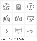 9 Universal Line Icons for Web and Mobile photography, camera, circle, conception, FM Vector Illustration. Стоковая иллюстрация, агентство Ingram Publishing / Фотобанк Лори