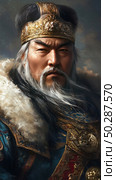 Portrait of a majestic ruler in traditional oriental armor with fur trim. The man with gray hair and beard, in a rich golden headdress, radiates strength, confidence and authority. His piercing gaze and determined expression emphasize the image of a great warrior or emperor. The picture is made in the style of digital painting with a high level of detail, suitable for the themes of history, culture and fantasy. Стоковое AI-изображение, AI-художник Анна Кривицкая / Фотобанк Лори