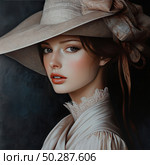 A portrait of a young woman in a vintage style, executed with striking realism. The girl is depicted in an elegant beige hat with wide brims and a large bow, and her outfit is decorated with a lace collar. The background is dark and contrasts with the soft, warm tones of the model's skin and clothes, creating a sophisticated atmosphere of the Victorian romantic era. The heroine's gaze attracts with its depth, the image combines tenderness, nobility and mystery. Стоковое AI-изображение, AI-художник Анна Кривицкая / Фотобанк Лори