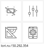 Set of 4 Simple Line Icons of battery, mobile setting, audio, ruler, setting Vector Illustration. Стоковая иллюстрация, агентство Ingram Publishing / Фотобанк Лори