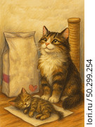 A warm and cozy illustration made with colored pencils depicting two cats - an adult cat and a sleeping kitten. The cat looks up with affection while the kitten sleeps peacefully on a piece of paper. Nearby is a bag of food decorated with a pink heart, and part of a scratching post is visible. The atmosphere of love, care and home comfort conveys the tender connection between animals and humans. Стоковое AI-изображение, AI-художник Анна Кривицкая / Фотобанк Лори