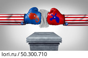US elections and American vote as right and left voters voting and competing  in an election for president or senator and congressperson or governor at a polling station with 3D illustration elements. Стоковое фото, агентство Ingram Publishing / Фотобанк Лори