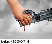 Danger of artificial intelligence or AI risk to humans as a robot holding and hurting the hand of an advanced cyborg as a concept of future technology and fear for humanity with 3D render elements. Стоковое фото, агентство Ingram Publishing / Фотобанк Лори