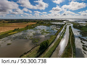 Aerial View of Ribeira do Mourao near the Aveiro Lagoon at Murtosa, Aveiro, Portugal. Стоковое фото, агентство Ingram Publishing / Фотобанк Лори
