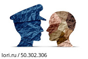 Police and community building trust as law enforcement with policing and a diverse society as a policeman or policewoman symbol working with an icon of diversity in a 3D illustration style. Стоковое фото, агентство Ingram Publishing / Фотобанк Лори