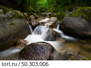 Dark rapid stream with bright blurred blue waves. Big mossy boulders in clear water of mountain river. Стоковое фото, агентство Ingram Publishing / Фотобанк Лори