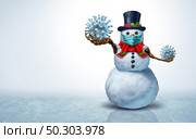 Snowman wearing a face mask concept as a winter snow man holiday season symbol for health and healthcare disease prevention as medical equipment preventing a virus with 3D illustration elements. Стоковое фото, агентство Ingram Publishing / Фотобанк Лори
