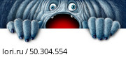 Winter monster holding a sign as a fury bigfoot sasquatch or snow yeti as a big foot abominable snowman with an open mouth as a funny character with copy space with 3D illustration elements. Стоковое фото, агентство Ingram Publishing / Фотобанк Лори