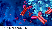 Antibody immune system and Immunoglobulin concept as antibodies attacking contagious virus cells and pathogens as a 3D illustration. Стоковое фото, агентство Ingram Publishing / Фотобанк Лори