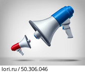 Communication and competition or adversity as small business marketing against a huge established corporation as a smaller competitor megaphone versus a huge one as a 3D render. Стоковое фото, агентство Ingram Publishing / Фотобанк Лори