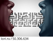 Communication challenge concept as two people or employees having difficulty communicating to each other in a 3D illustration style. Стоковое фото, агентство Ingram Publishing / Фотобанк Лори