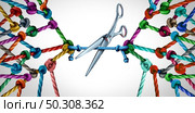 Cutting connections as a disconnect concept and dividing teams or losing group relationships as many different ropes tied and linked together as business trust metaphor with 3D illustration render elements. Стоковое фото, агентство Ingram Publishing / Фотобанк Лори