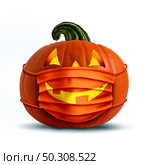Halloween safety and facial mask as a jack o lantern pumpkin wearing a medical face protection as an autumn symbol for disease control and virus infection and coronavirus or covid-19 in a 3D illustration style. Стоковое фото, агентство Ingram Publishing / Фотобанк Лори