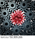 Coronavirus impact on the economy and virus pandemic outbreak business problem as an economic shutdown as a viral cell impacting global industry financial crisis as a 3D render. Стоковое фото, агентство Ingram Publishing / Фотобанк Лори