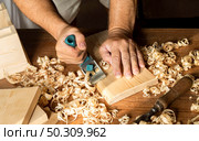 Carpenter working with small saw making sawdust. Стоковое фото, агентство Ingram Publishing / Фотобанк Лори