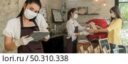 Panoramic Asian waitress take order from mobile phone for takeout or curbside pickup orders while city lockdown. They wear face mask to prevent from infection of coronavirus COVID-19 pandemic. Стоковое фото, агентство Ingram Publishing / Фотобанк Лори