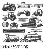 Vintage harvesting transport collection with truck tractors loader. Стоковая иллюстрация, агентство Ingram Publishing / Фотобанк Лори