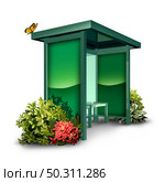 Electric Bus service and public EV green renewable zero emission energy as a tranport stop billboard in a city weather shelter structure on a white background with 3D render elements. Стоковое фото, агентство Ingram Publishing / Фотобанк Лори