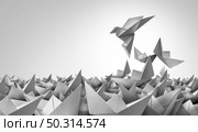 Individualism success and business leadership innovative individual solution and corporate leader symbol or new thinking idea as a game changer innovator as a paper ship transforming into a flying bird in a 3D illustration style. Стоковое фото, агентство Ingram Publishing / Фотобанк Лори