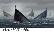 Failing industry business metaphor and failed corporate industries concept as stranded business people lost at sea as an idea for financial crisis or economic trouble needing career or financial help to escape in a 3D illustration style. Стоковое фото, агентство Ingram Publishing / Фотобанк Лори