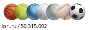 Sports equipment background with a football basketball baseball soccer tennis and golf ball including ping pong tennis hockey puck as healthy recreation including copy space with 3D illustration elements. Стоковое фото, агентство Ingram Publishing / Фотобанк Лори
