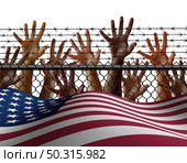 American immigration and United States refugee crisis concept as immigrant people on a border wall with a US flag as a social issue about refugees or illegal immigrants with 3D illustration elements. Стоковое фото, агентство Ingram Publishing / Фотобанк Лори