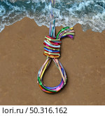 Plastic polluting a beach and the dangers of plastics in the ocean and the dangers of microplastics in the sea as straws shaped as a noose for environmental issues with 3D illustration elements. Стоковое фото, агентство Ingram Publishing / Фотобанк Лори