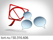 Suppression Of speech and social media restrictions and society communication censorship to censor opinions and thought as a fly swatter shaped as a banned sign swatting word bubble icons in with 3D illustration elements. Стоковое фото, агентство Ingram Publishing / Фотобанк Лори