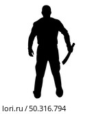 Silhouette man with sword machete cold weapons in hand military man soldier serviceman in various positions hunter with knife fight poses strong defender warrior concept weaponry standing view from rear terrible and scary black color vector illustration flat style simple image. Silhouette man with sword machete cold weapons in hand military man soldier serviceman in positions hunter with knife fight poses strong defender warrior concept weaponry stand view from rear terrible and scary black color vector illustration flat style image. Стоковая иллюстрация, агентство Ingram Publishing / Фотобанк Лори