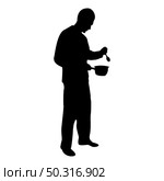 Silhouette man with saucepan spoon in his hands preparing food male cooking use sauciers black color vector illustration flat style simple image. Silhouette man with saucepan spoon in his hands preparing food male cooking use sauciers black color vector illustration flat style image. Стоковая иллюстрация, агентство Ingram Publishing / Фотобанк Лори