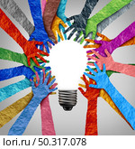 Global diversity ideas and diverse society thinking together as a team or a group of people uniting together joining hands into the shape of a motivational light bulb as a community metaphor with 3D elements. Стоковое фото, агентство Ingram Publishing / Фотобанк Лори