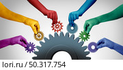 Business teamwork unity and connecting team concept idea as an industry metaphor for joining a partnership as diverse people connected together as a corporate symbol for cooperation with 3D illustration elements.. Стоковое фото, агентство Ingram Publishing / Фотобанк Лори